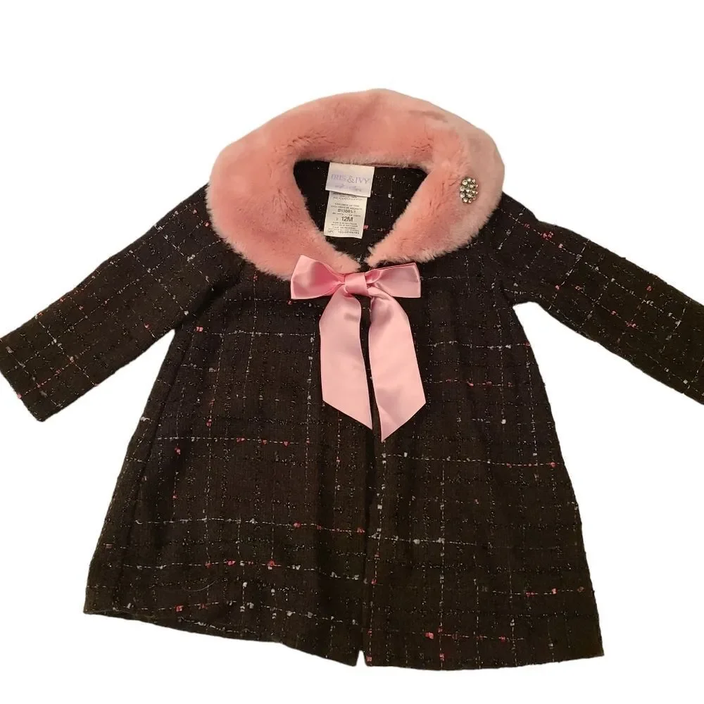 Iris‎ & Ivy Baby Coat Black Tweed Faux Fur Collar Big Bow Infant Size 12 Months